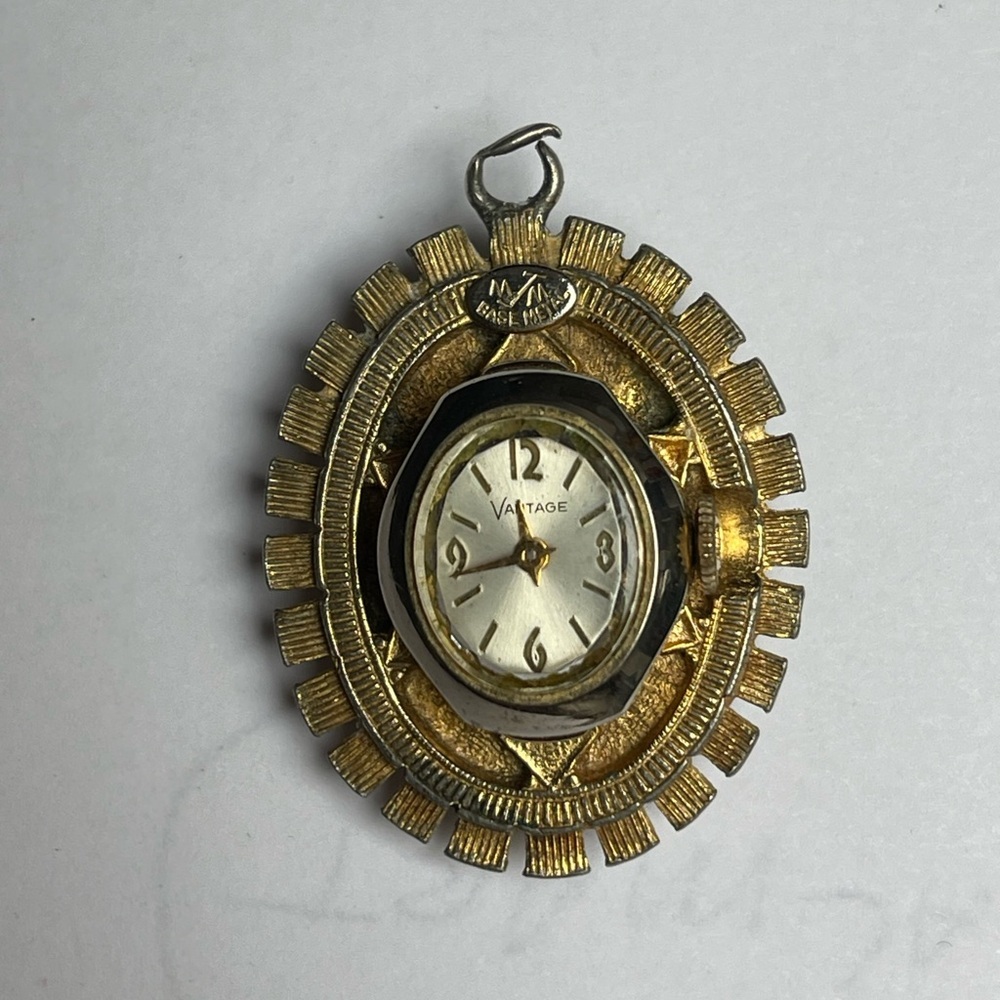 Vintage Vantage Watch Pendant Gold Tone Setting Rose Blue Green Facet Glass - Picture 6 of 7